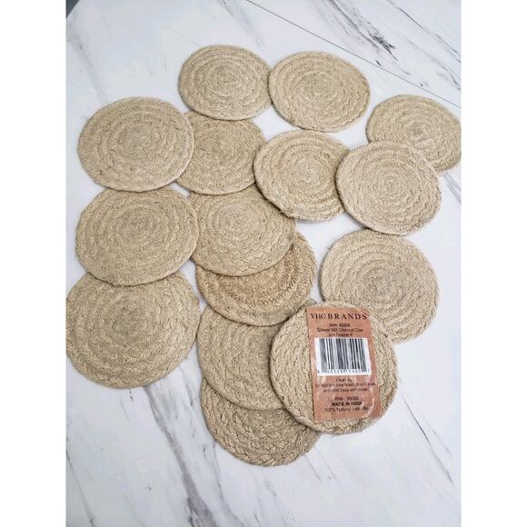 VHC Brand Coasters Cumberland Jute Rustic 4in Set of 15 Cow Chicken Pig Hen Farm - Picture 7 of 9